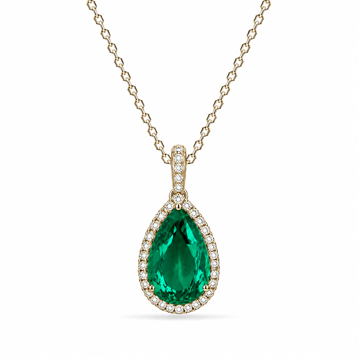 13x18mm, 9.5ct Pear Lab-Grown Colombian Emerald with Diamond Halo Pendant/Necklace