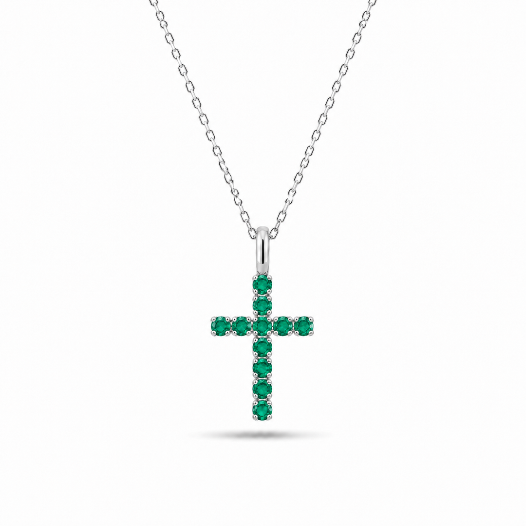 2mm, 0.80ctw Lab-Grown Colombian Emerald Cross Pendant Necklace