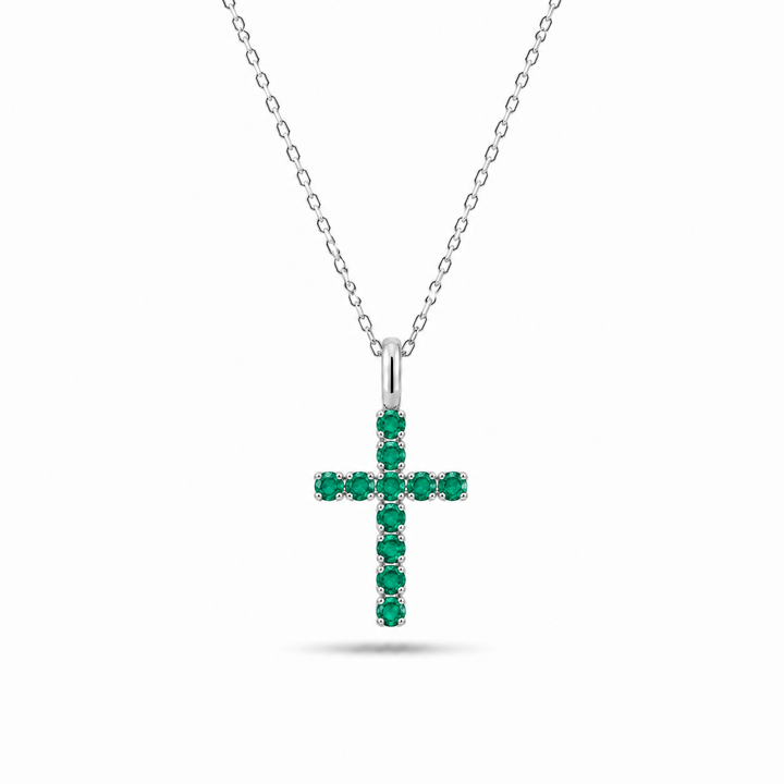 2mm, 0.80ctw Lab-Grown Colombian Emerald Cross Pendant Necklace