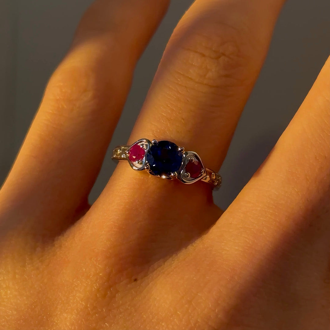 1.00ct "Glitch Rose" Round Ruby & Sapphires Three-Stone Ring in Sterling Silver