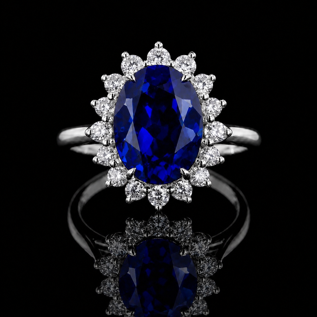 The Diana Royale — Royal Blue Sapphire Diamond Halo Ring