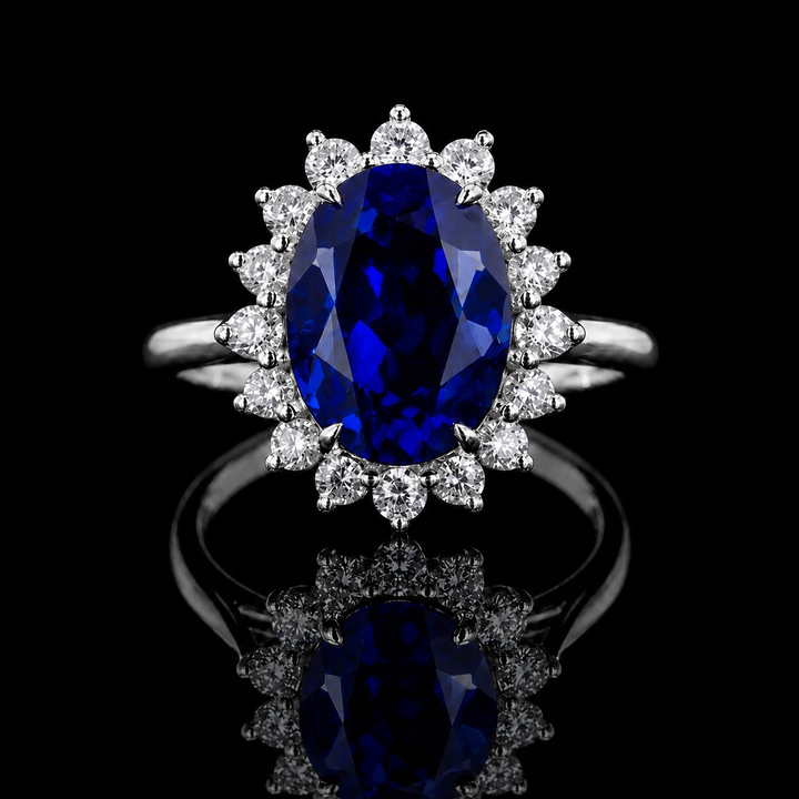 The Diana Royale — Royal Blue Sapphire Diamond Halo Ring