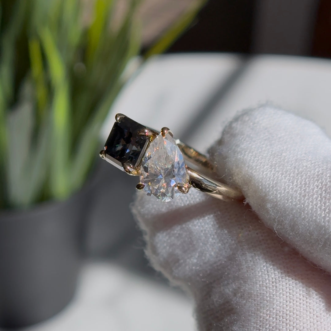 Customized™ 1.50ct Pear Lab-Grown Diamond with 1.50ct Asscher Grey Moissanite Toi Et Moi Ring in Yellow Gold