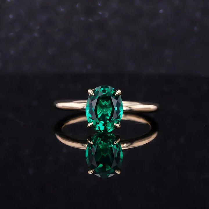 7x9mm, 2.20ct Oval Lab-Grown Zambian Emerald Solitaire Ring in 14K Yellow Gold