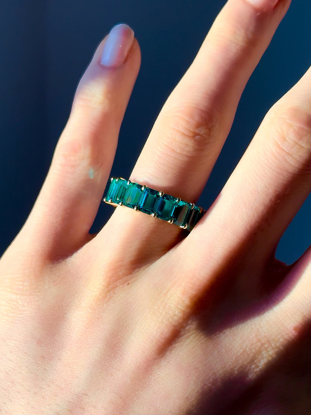 6mm, 8.8ctw Emerald Lab-Grown Colombian Emerald Eternity Band Ring in Yellow Gold