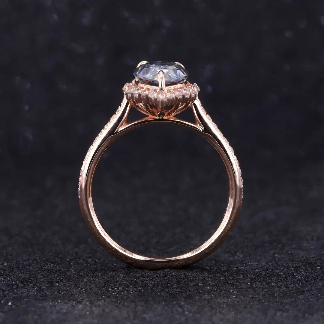 2.00ct Pear Cut Grey Moissanite with Diamond Halo/Half-Eternity Ring in 14K Rose Gold