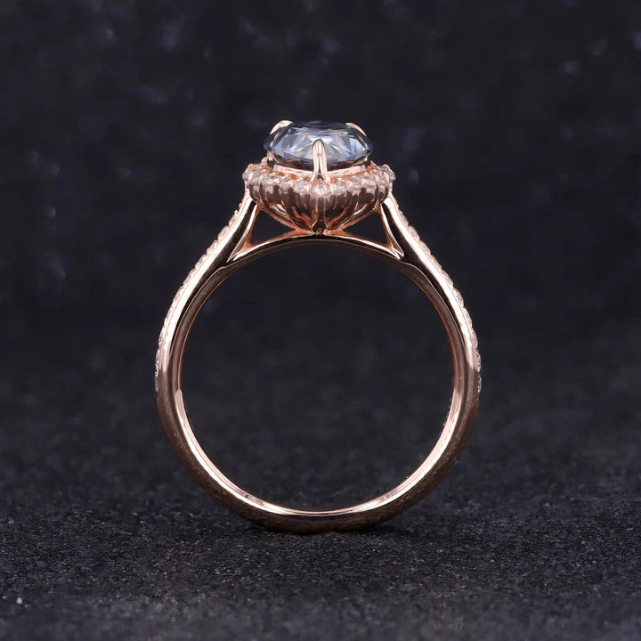 2.00ct Pear Cut Grey Moissanite with Diamond Halo/Half-Eternity Ring in 14K Rose Gold