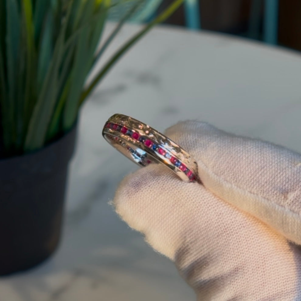 Customized™ Natural Ruby and Sapphire 5mm Band with Leaf Pattern in 925 Sterling Silver