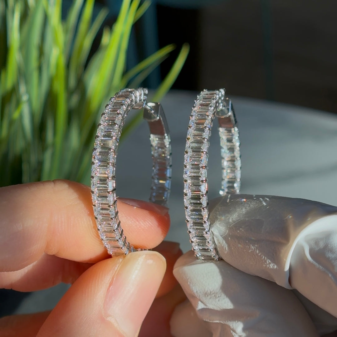 9.9ctw Lab-Grown East-West Emerald-Cut Diamond Hoop Earrings in White Gold