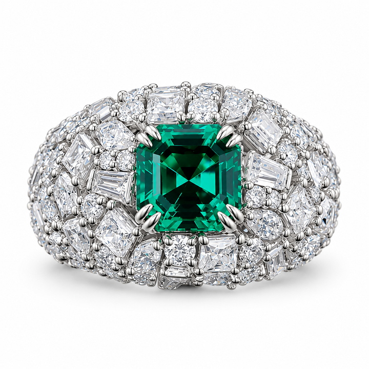 The Sovereign Asscher emerald ring with pavé diamonds, front view on white