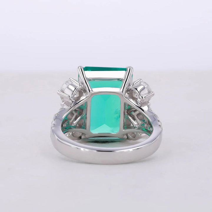10x14mm, 7.30ct Lab-Grown Colombian Emerald with Pear/Round Cut Accent Diamond Ring in 14K White Gold