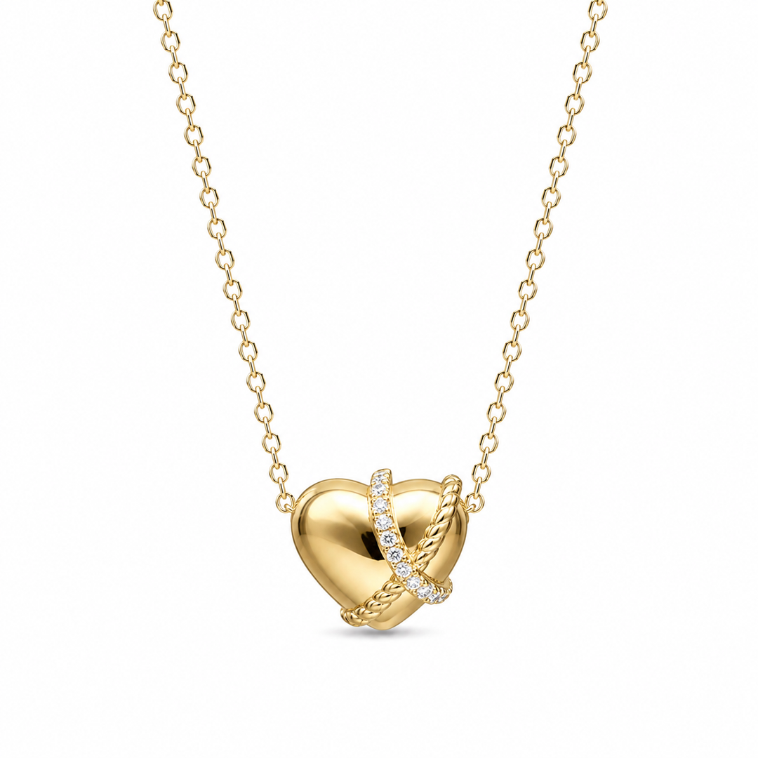 Gold Heart Diamond Pendent Necklace in 18K Solid Yellow Gold