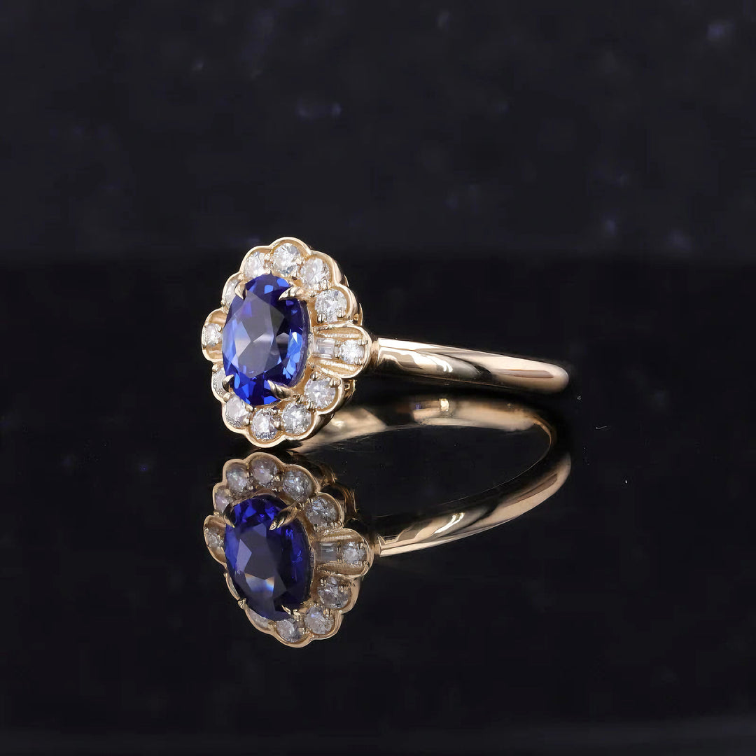 1.00ct Oval-Cut Blue Sapphire Diamond Halo Ring in 14K Yellow Gold