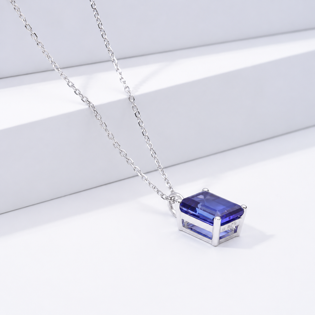 7x9mm, 3.00ct Emerald Lab-Grown Blue Sapphire Pendant Necklace in 14K White Gold