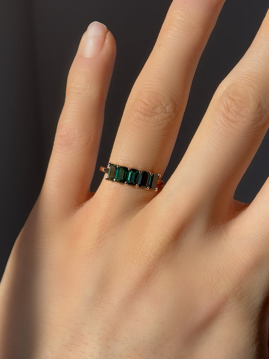 3x5mm, 1.20ctw Lab-Grown Zambian Emerald Five-Stone Ring in 14K Rose Gold