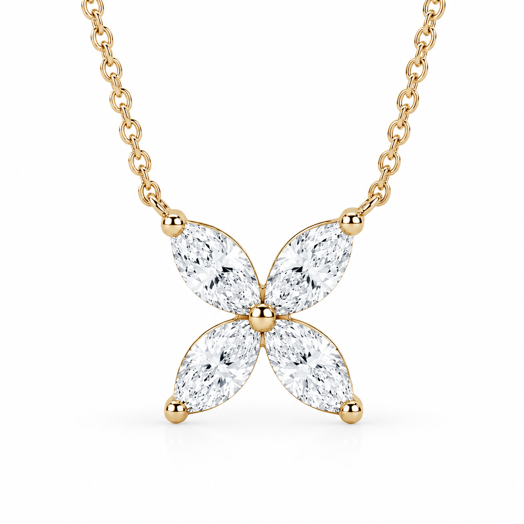 12mm, 0.9ct Marquise Cut Lab Diamond 4-Petal Flower Pendant Necklace in 14K Solid White Gold