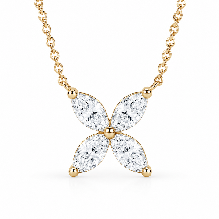 12mm, 0.9ct Marquise Cut Lab Diamond 4-Petal Flower Pendant Necklace in 14K Solid White Gold