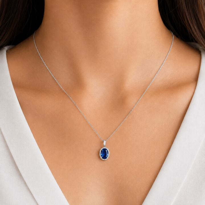 5x7mm, 1.00ct Oval Lab-Grown Blue Sapphire Pendant Necklace in 14K White Gold