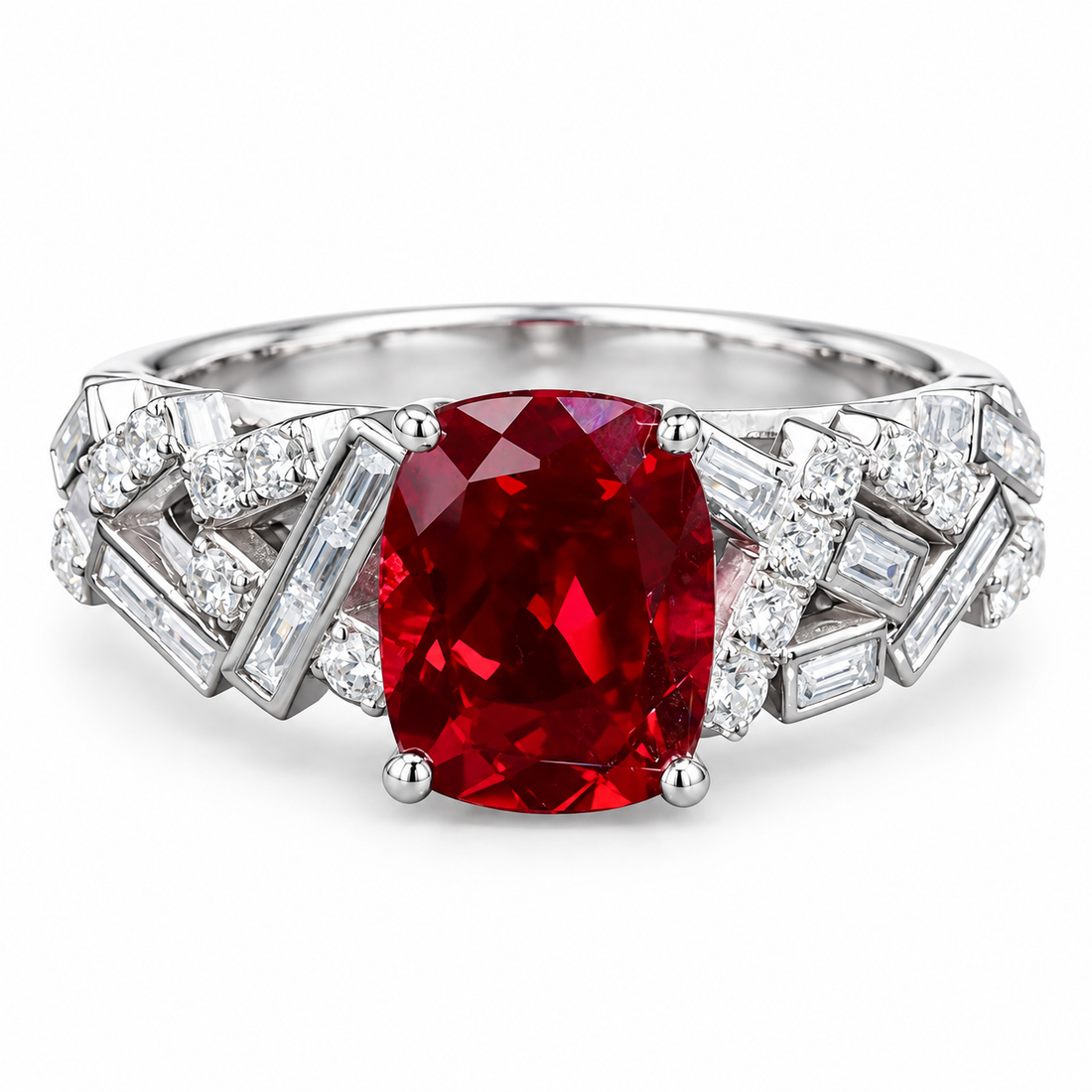 Cushion lab ruby ring with baguette and round diamond band, front view on white