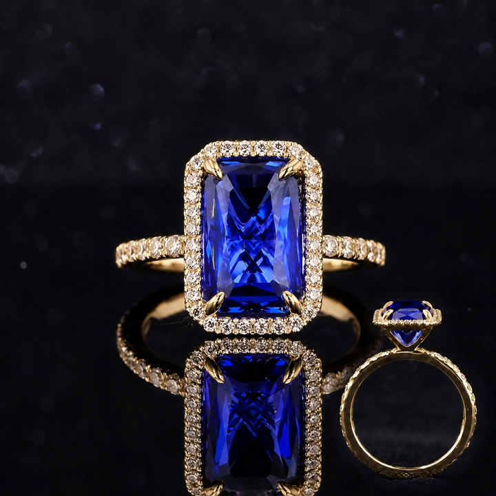 The Regalia — Blue Emerald Sapphire with Diamond Halo & Half-Eternity Ring