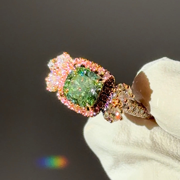 Customized™ 1.20ct Cushion Cut Green Lab-Grown Diamond with Pink Diamond Halo, White Diamond Band Ring in 14K Rose Gold