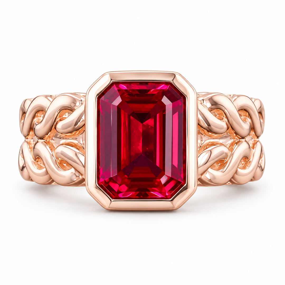 Emerald-Cut Lab Ruby Bezel Ring with Patterned Band — 8x10mm in rose gold