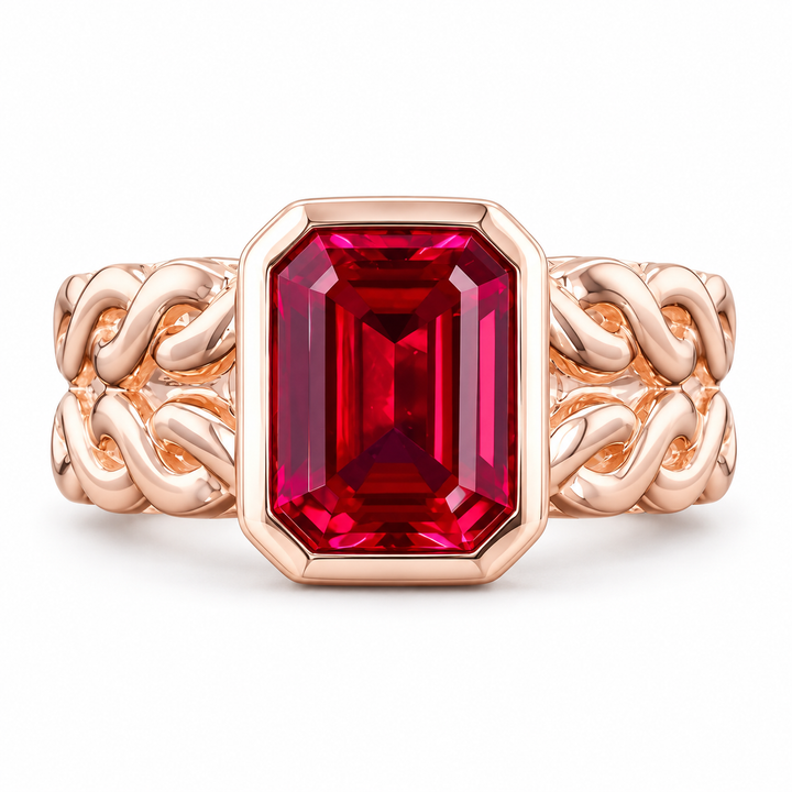Emerald-Cut Lab Ruby Bezel Ring with Patterned Band — 8x10mm in rose gold