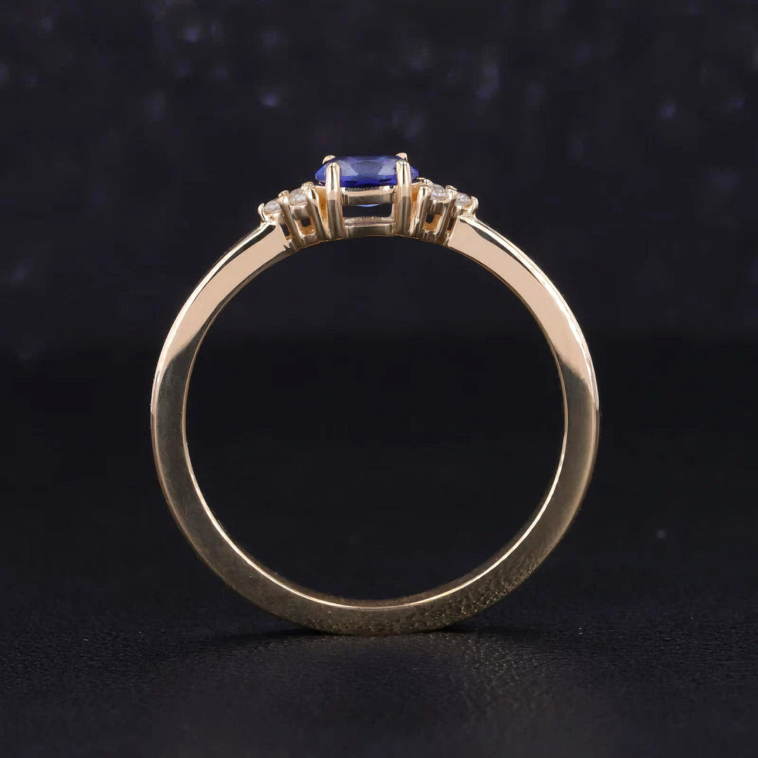 3x5mm, 0.3ct Oval Lab-Grown Blue Sapphire Ring with Diamond Accents in 14K Yellow Gold