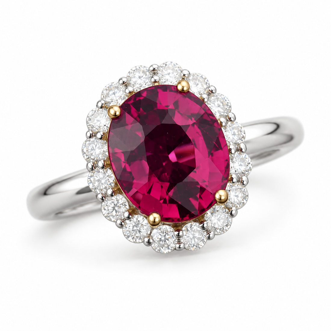 Oval lab ruby diamond halo ring, front view on white
