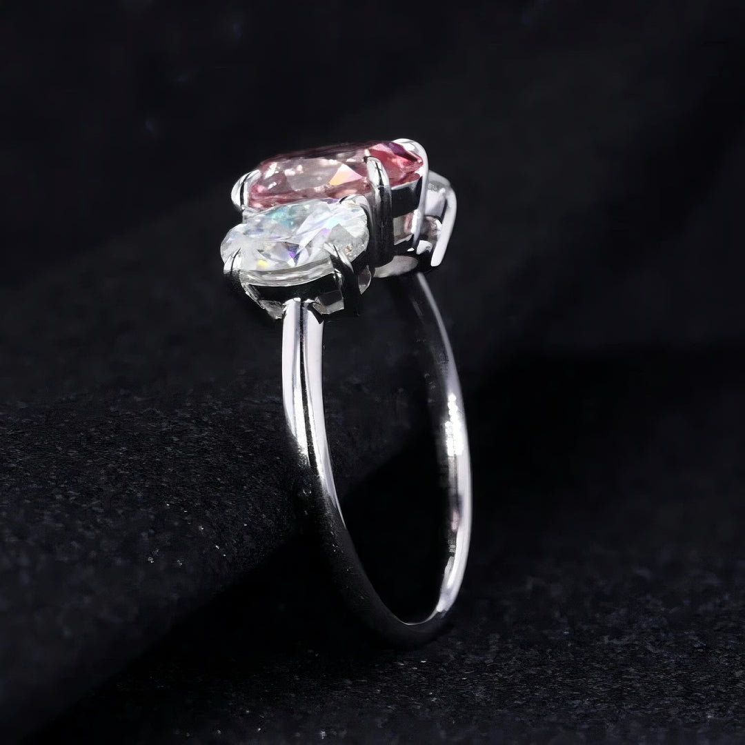 7x9mm, 2.50ct Oval Lab-Grown Sakura Pink Sapphire with Diamonds Three-Stone Ring in 14K White Gold