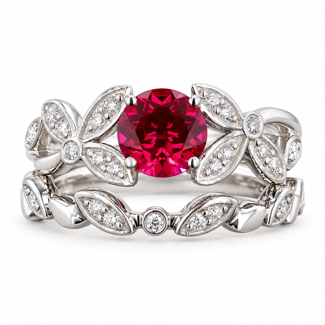 Round Lab Ruby Floral Ring & Stacking Band Set — 1.00ct in white gold