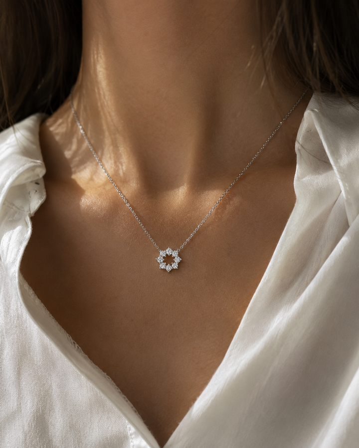 8mm, 1ct Lab Diamond Sunburst Pendant Necklace in 18K Solid White Gold