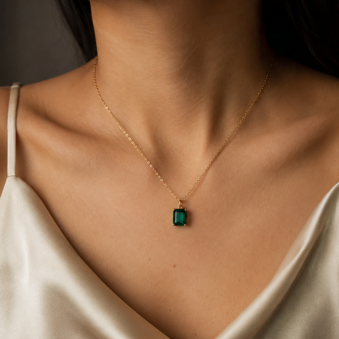 7x9mm, 2.00ct Lab-Grown Zambian Emerald Pendant Necklace in 14K Yellow Gold