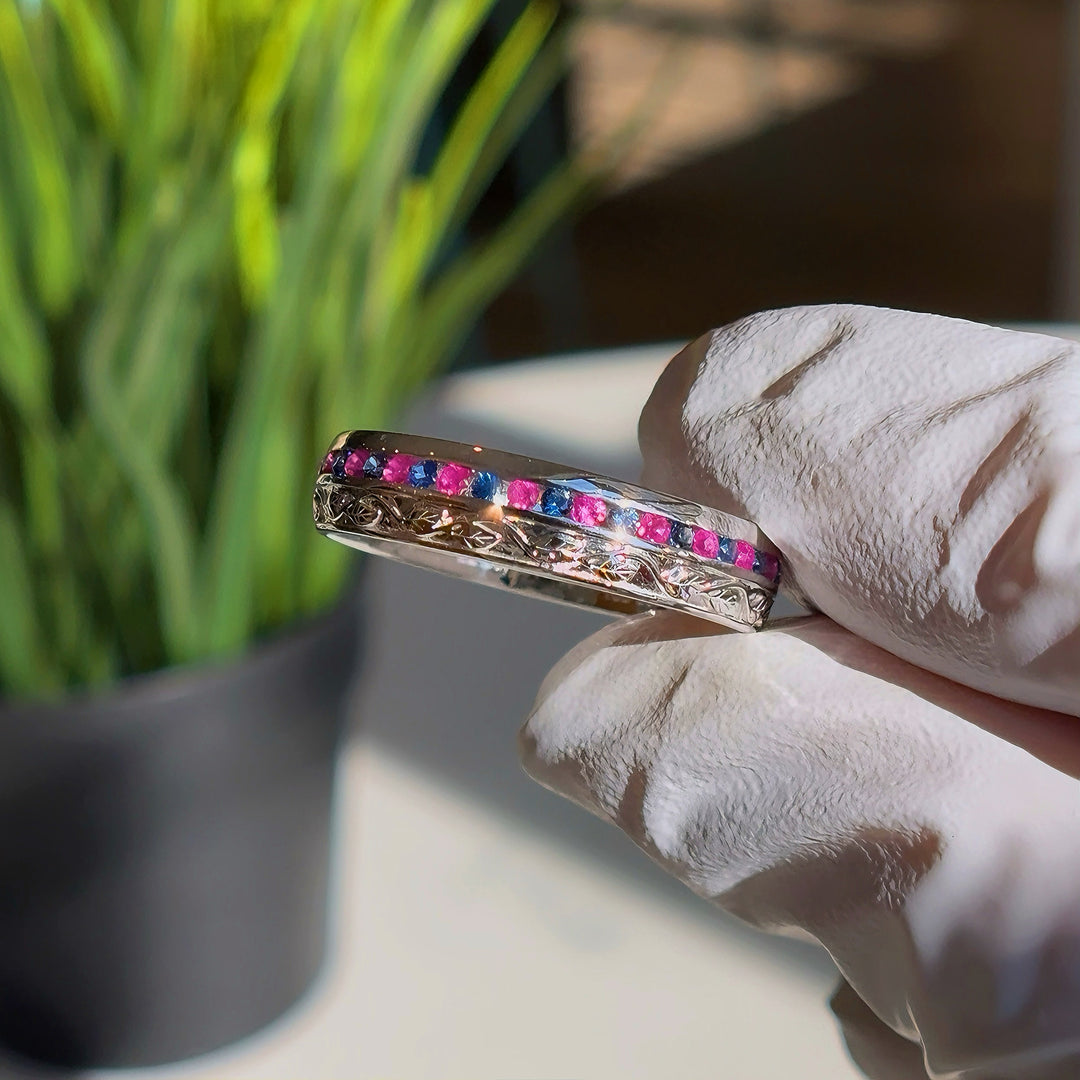 5mm Natural Ruby & Sapphire Band Ring in 10K or 14K Rose or White Gold, “The Fusion Harmony”