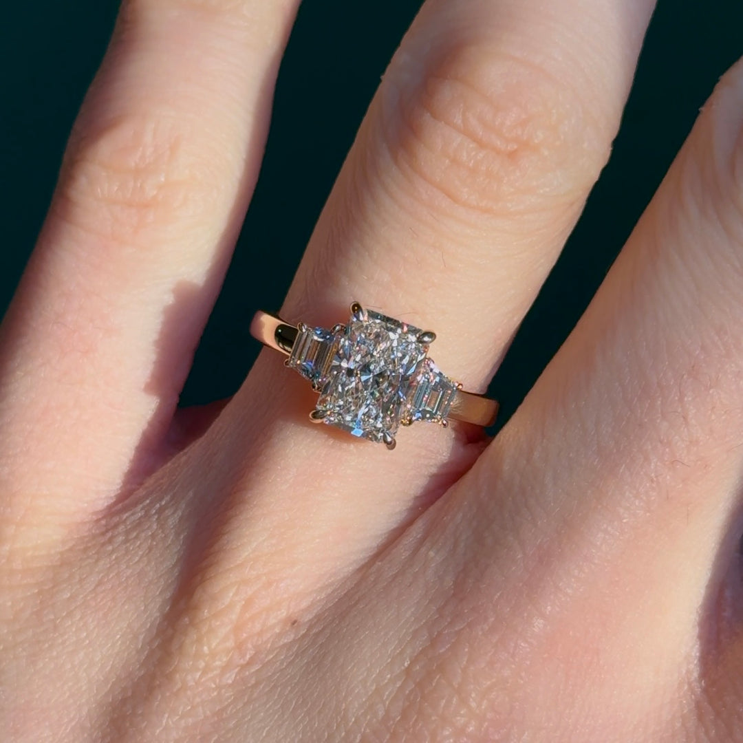 Customized™ 2.10ct Radiant Lab-Grown Diamond Three-Stone Ring in Yellow Gold