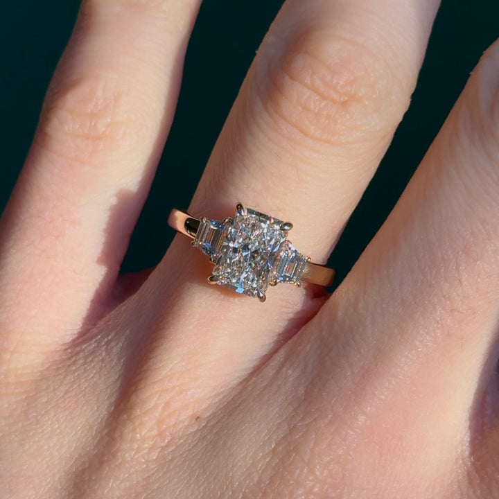 Customized™ 2.10ct Radiant Lab-Grown Diamond Three-Stone Ring in Yellow Gold