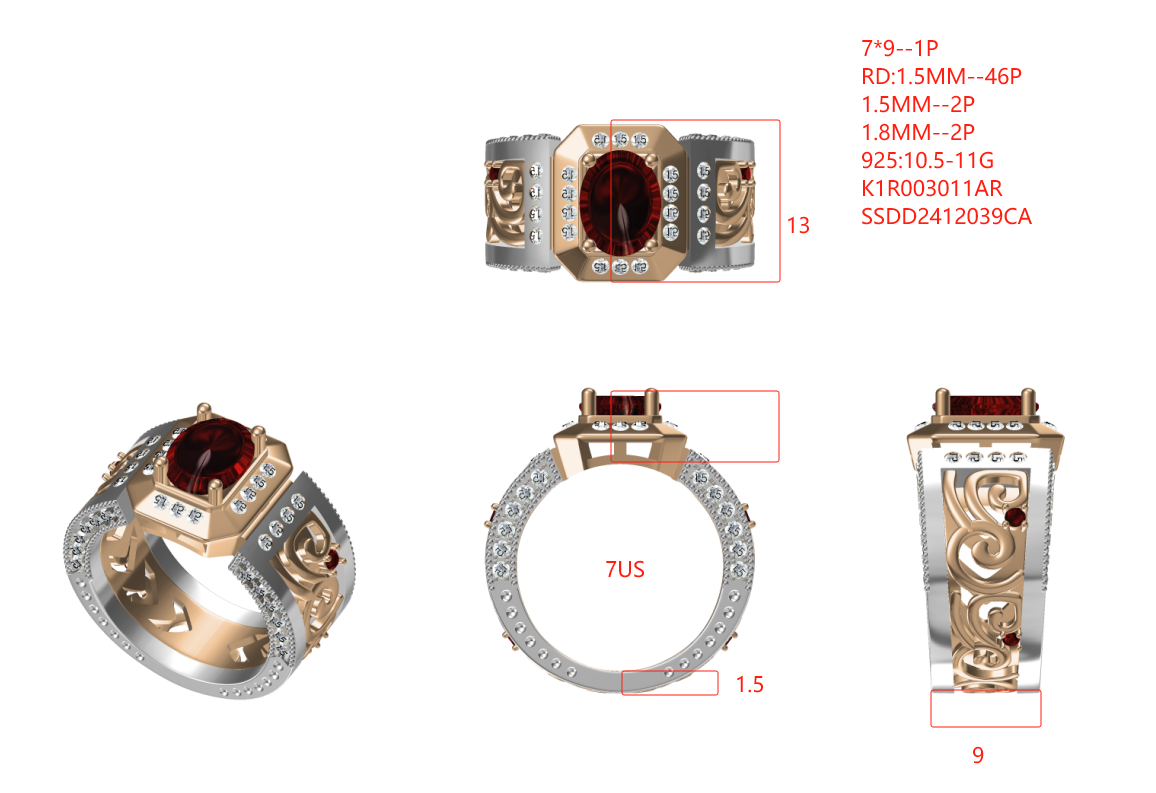 Customized™ 7x9mm Oval-Cut Red Ruby with Diamonds Ring in Rose Gold Plated 925 Sterling Silver (Full Deposit)