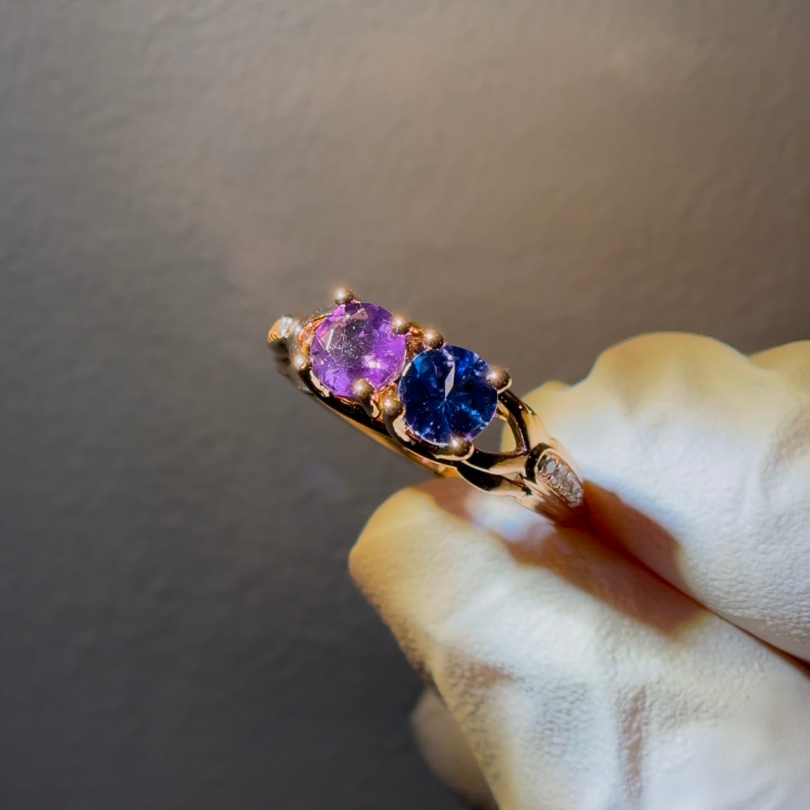 Customized™ Natural Tanzanite and Amethyst Two-Stone Ring in 18K Rose Gold