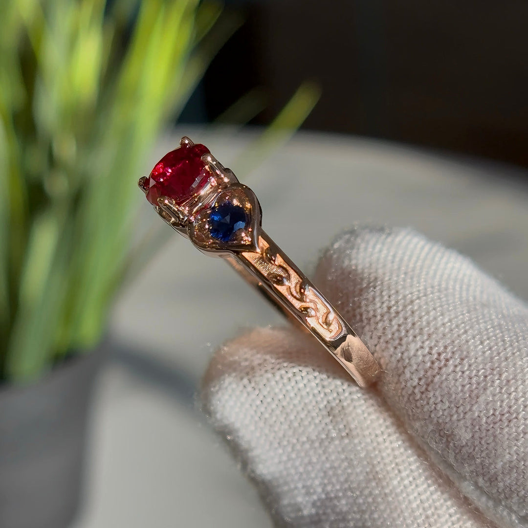 1.00ct "The Fusion Harmony" Round Ruby & Sapphires Three-Stone Ring in Rose Gold