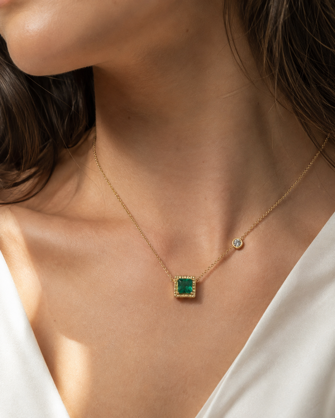 8x8mm, 2.25ct Princess Lab-Grown Colombian Emerald Pendant with Diamond Accent Necklace
