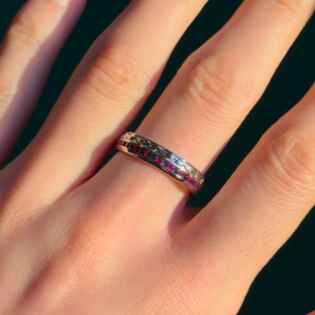 Customized™ Natural Ruby and Sapphire 5mm Band with Leaf Pattern in 925 Sterling Silver