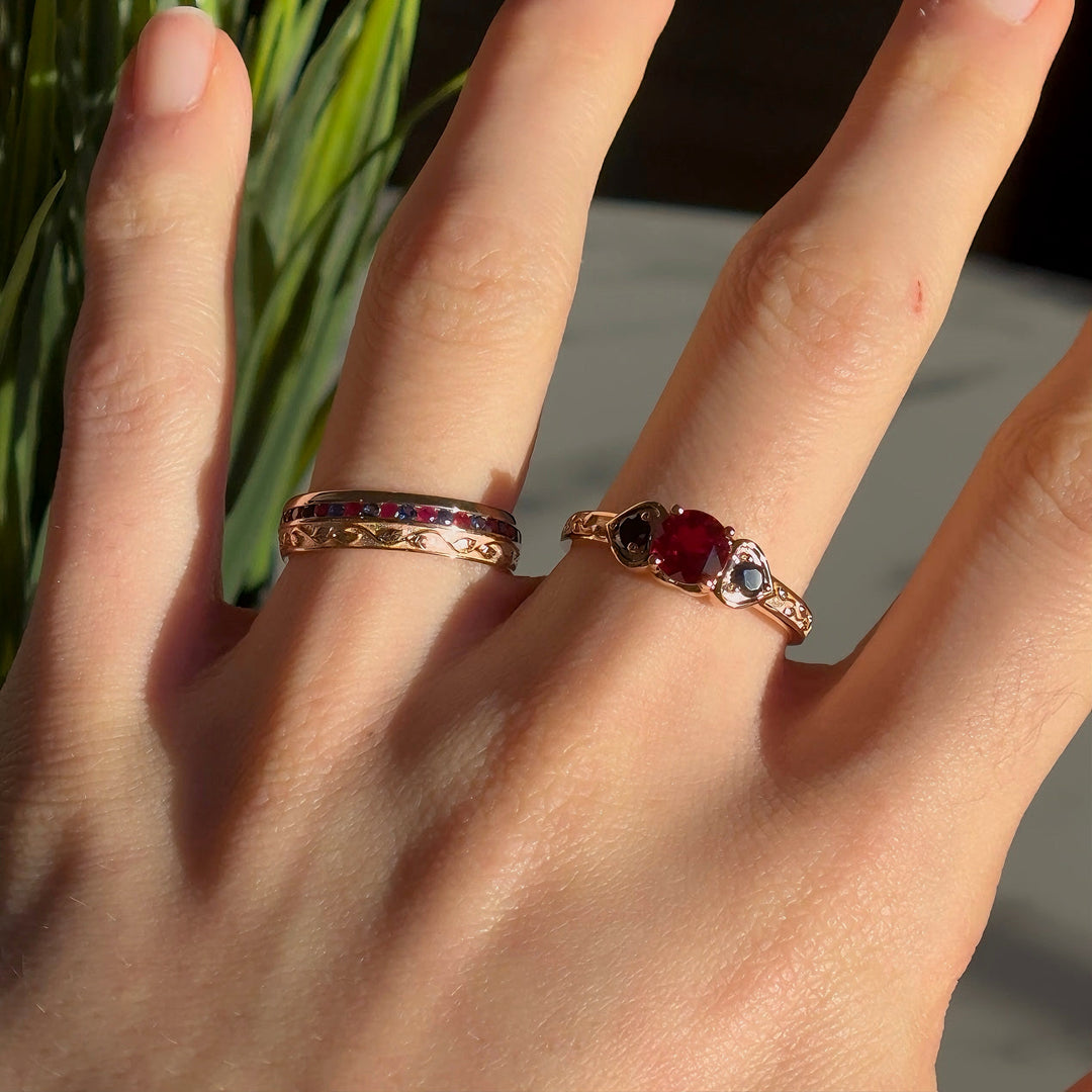 1.00ct "The Fusion Harmony" Round Ruby & Sapphires Three-Stone Ring in Rose Gold