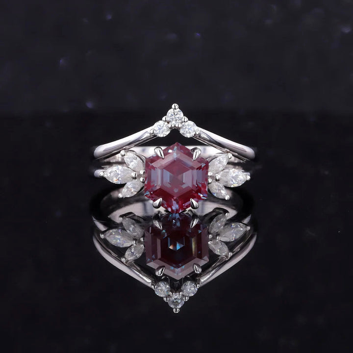 2ct Hexagon-Cut Alexandrite & Diamond Ring with Matching Diamond Stacking Band in 14K/18K Gold or Platinum (7mm)