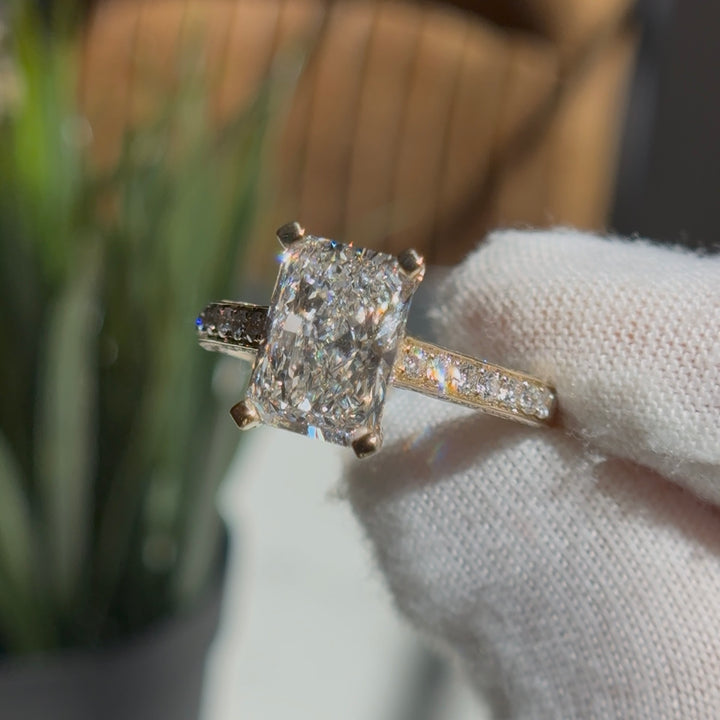 Customized™ 3.00ct Radiant Lab-Grown Diamond Ring with Pavé Diamonds in Yellow Gold