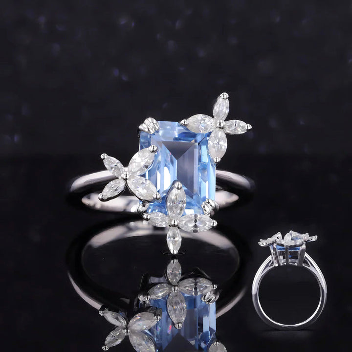 7x9mm, 2.50ct Emerald Lab-Grown Light Blue Sapphire with Diamond Butterflies Ring in 14K White Gold