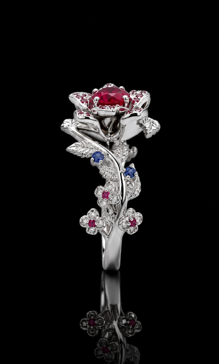 The Roserie — Ruby & Sapphire Rose Flower Ring