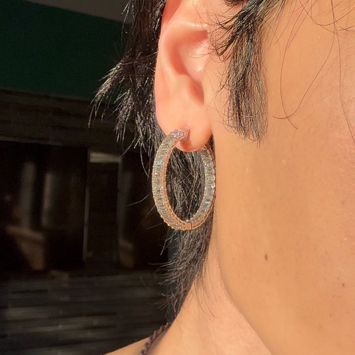 9.9ctw Lab-Grown East-West Emerald-Cut Diamond Hoop Earrings in White Gold