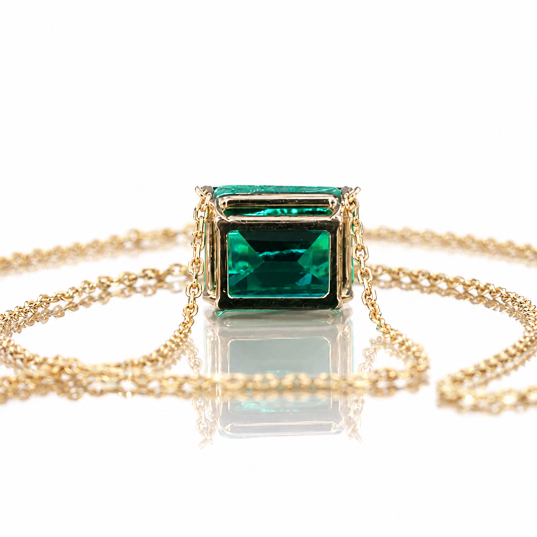 8x10mm, 3.00ct Lab-Grown Colombian Emerald Pendant with Rolo Necklace in 14K Yellow Gold