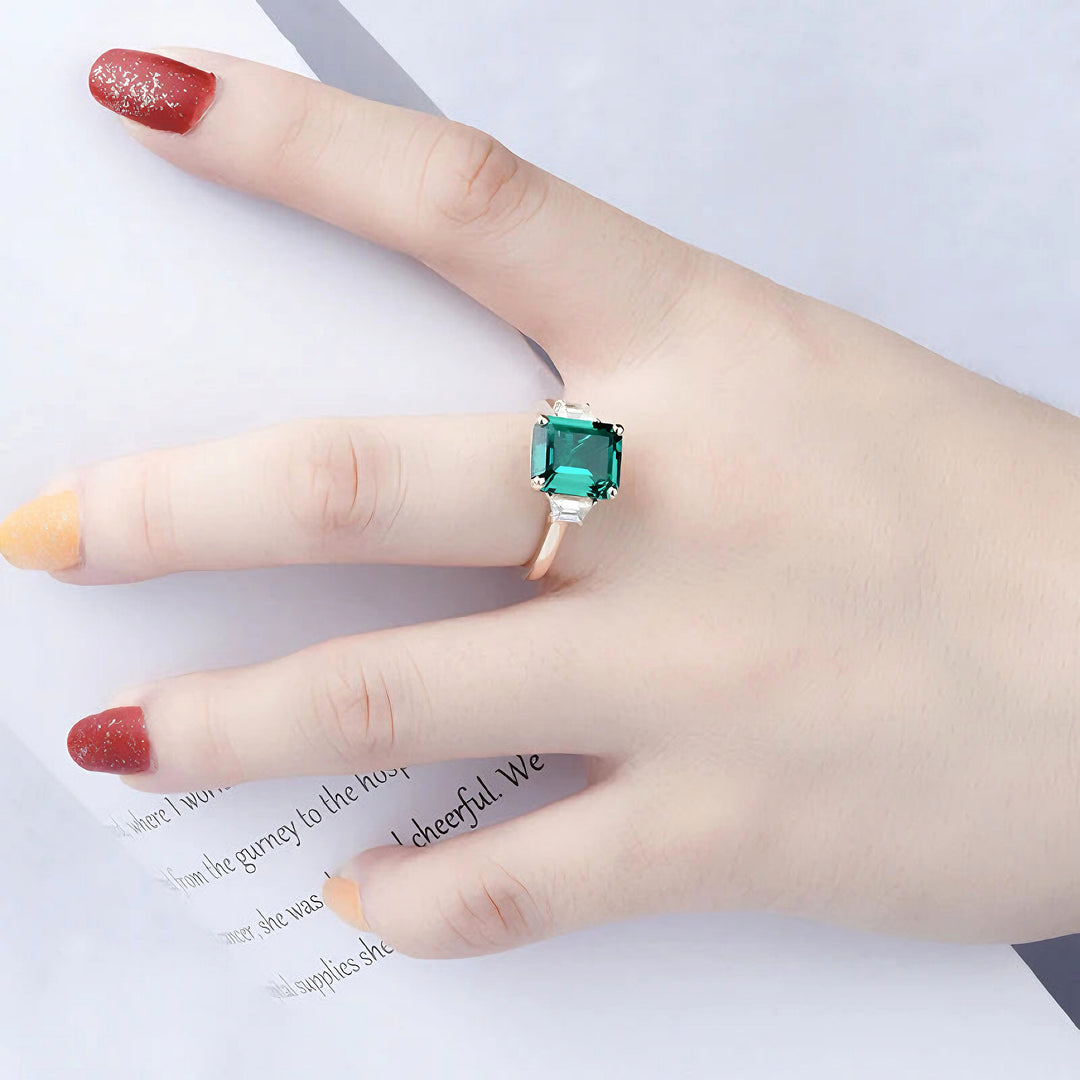 8x10mm, 3.00ct Lab-Grown Zambian Emerald with Diamond Three-Stone Ring in 14K Yellow Gold