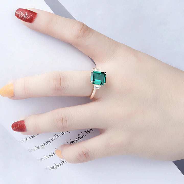 8x10mm, 3.00ct Lab-Grown Zambian Emerald with Diamond Three-Stone Ring in 14K Yellow Gold
